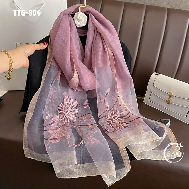 Khăn Choàng Tơ Tằm Gân Thêu Hoa Cao Cấp (TTG904)