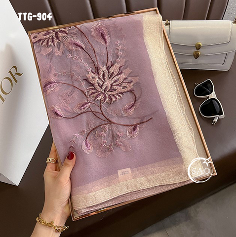 Khăn Choàng Tơ Tằm Gân Thêu Hoa Cao Cấp (TTG904)