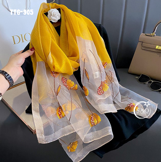Khăn Choàng Tơ Tằm Gân Thêu Hoa Cao Cấp (TTG905)