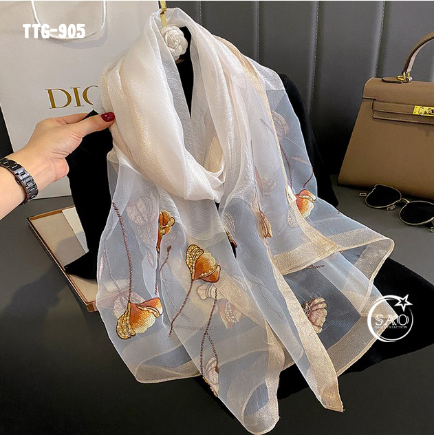 Khăn Choàng Tơ Tằm Gân Thêu Hoa Cao Cấp (TTG905)