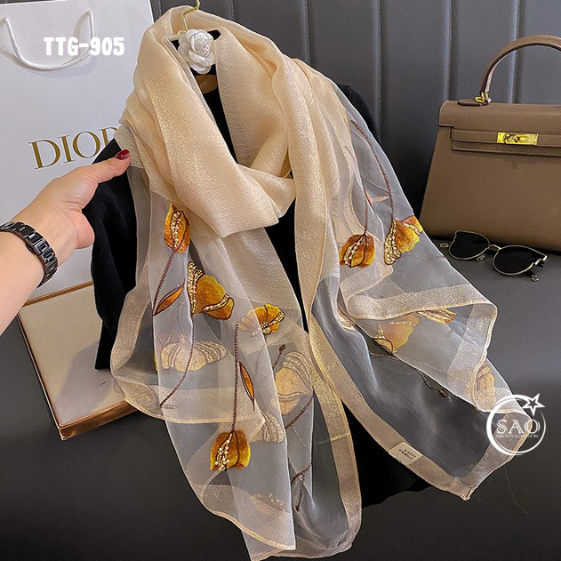 Khăn Choàng Tơ Tằm Gân Thêu Hoa Cao Cấp (TTG905)