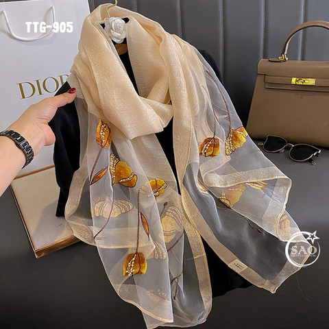 Khăn Choàng Tơ Tằm Gân Thêu Hoa Cao Cấp (TTG905)