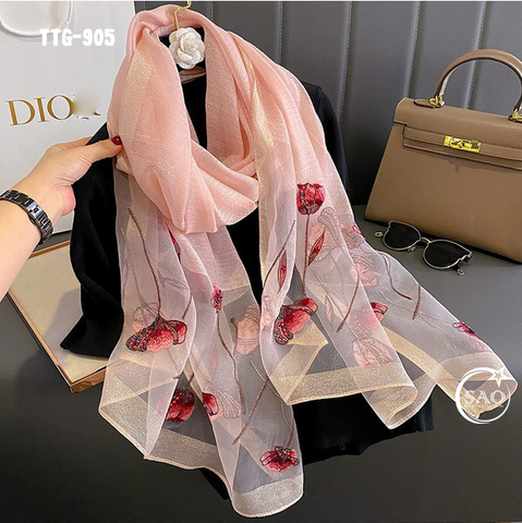 Khăn Choàng Tơ Tằm Gân Thêu Hoa Cao Cấp (TTG905)