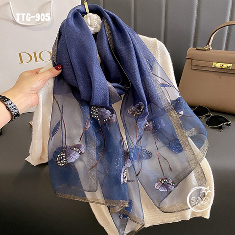Khăn Choàng Tơ Tằm Gân Thêu Hoa Cao Cấp (TTG905)
