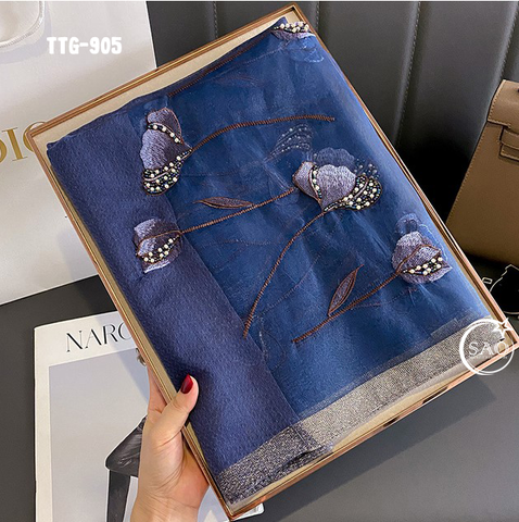 Khăn Choàng Tơ Tằm Gân Thêu Hoa Cao Cấp (TTG905)