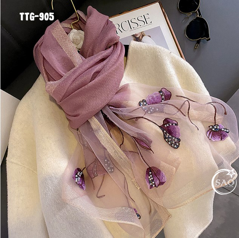Khăn Choàng Tơ Tằm Gân Thêu Hoa Cao Cấp (TTG905)