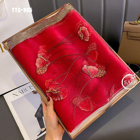 Khăn Choàng Tơ Tằm Gân Thêu Hoa Cao Cấp (TTG905)