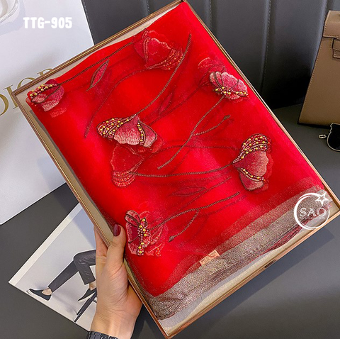Khăn Choàng Tơ Tằm Gân Thêu Hoa Cao Cấp (TTG905)
