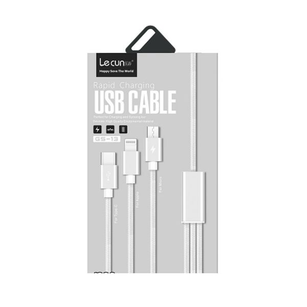 Cáp sạc 3 đầu Lecun GS-13 (Lightning, Micro USB, Type C) siêu bền, dài 1.2m