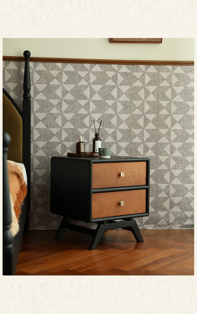 Tủ Đầu Giường Retro Đen Mờ Phối Nâu