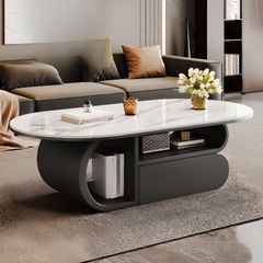 Bàn Trà Oval Chân Gỗ Mặt Đá Casual