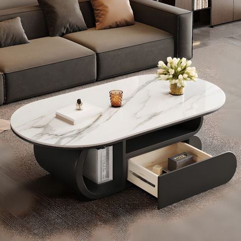 Bàn Trà Oval Chân Gỗ Mặt Đá Casual