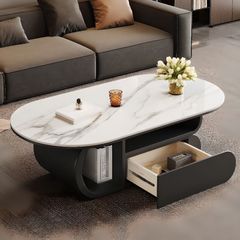 Bàn Trà Oval Chân Gỗ Mặt Đá Casual