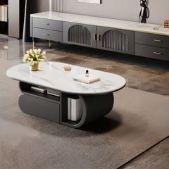 Bàn Trà Oval Chân Gỗ Mặt Đá Casual