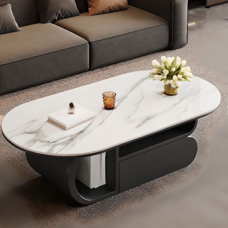 Bàn Trà Oval Chân Gỗ Mặt Đá Casual