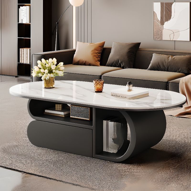Bàn Trà Oval Chân Gỗ Mặt Đá Casual