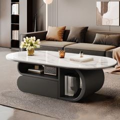 Bàn Trà Oval Chân Gỗ Mặt Đá Casual