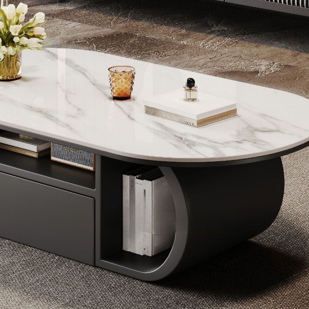 Bàn Trà Oval Chân Gỗ Mặt Đá Casual