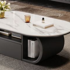 Bàn Trà Oval Chân Gỗ Mặt Đá Casual