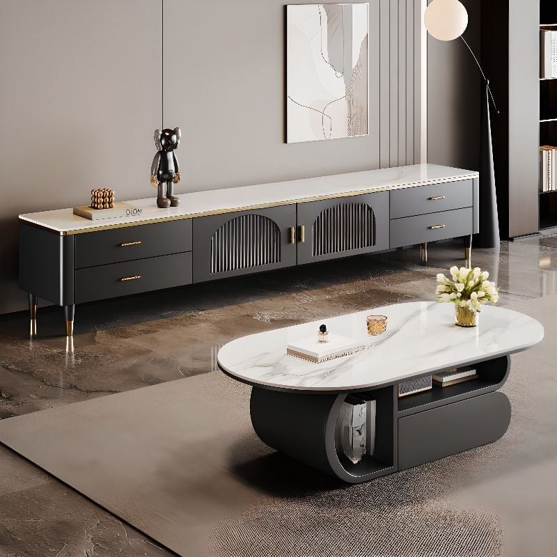 Bàn Trà Oval Chân Gỗ Mặt Đá Casual
