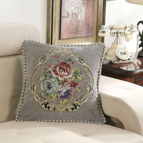 Vỏ Gối Tựa Lưng Nhung Đệm Lưng Dày Tây Âu Thêu Vòng Hoa