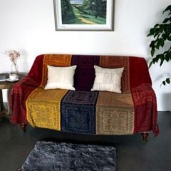 Chăn Đũi Sofa Cao Cấp Sọc Vải Sợi Lanh Caro Xanh Cam - Hoa Văn Cam