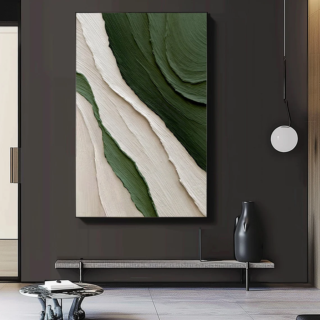 Tranh Trừu Tượng 3D Xanh Lá Phối Trắng Gợn Sóng Sơn Dầu