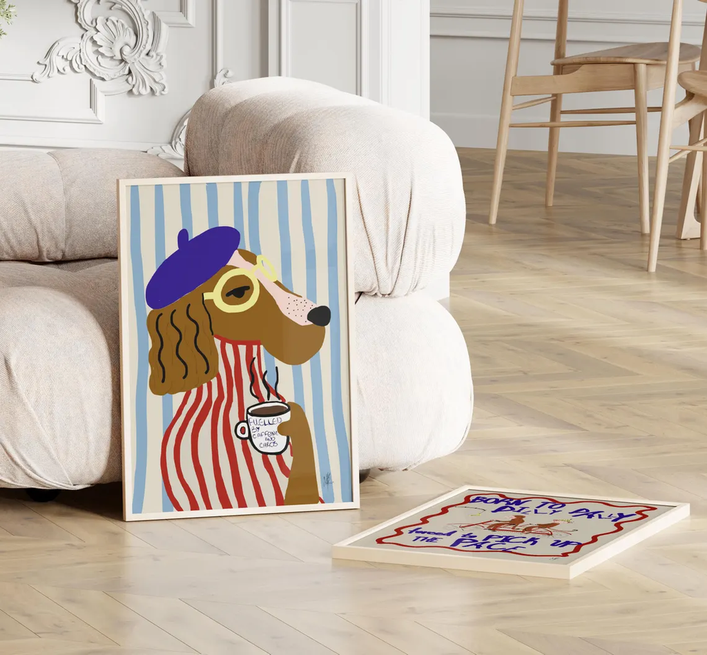 Tranh Treo Tường Funny Cún Cầm Cốc Cafe