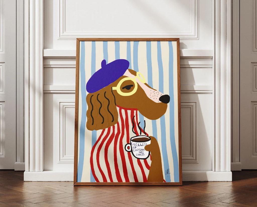 Tranh Treo Tường Funny Cún Cầm Cốc Cafe