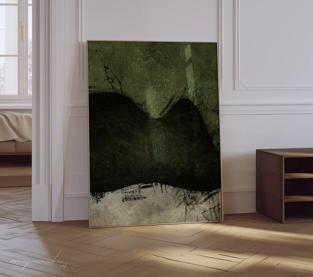 Tranh Trừu Tượng Olive Green Gợn Sóng Xanh Đen