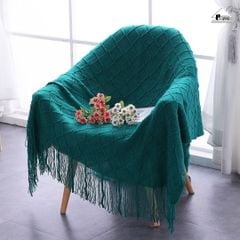 Chăn Thun Đan Len Phủ Ghế Sofa Trang Trí Giường Dệt Hình Thoi - Xanh Cổ Vịt