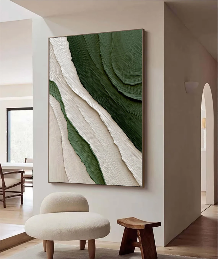 Tranh Trừu Tượng 3D Xanh Lá Phối Trắng Gợn Sóng Sơn Dầu