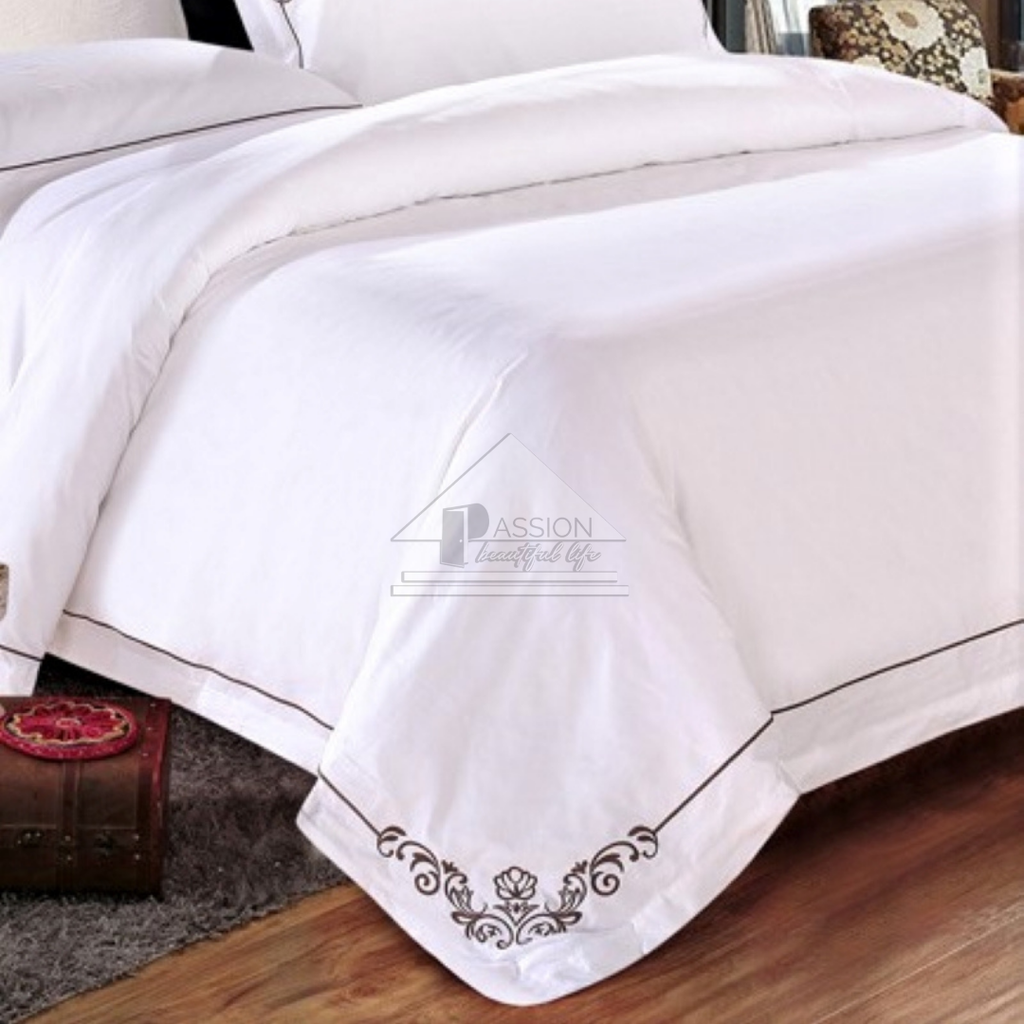 Bộ Drap Khách Sạn Cotton 60S Trơn Thêu Họa Tiết Mẫu 4