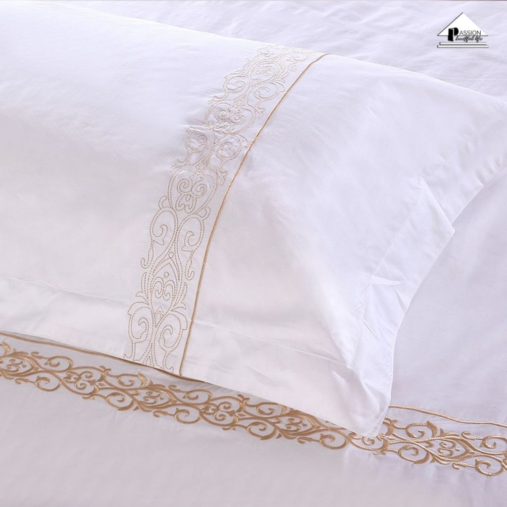 Bộ Drap Khách Sạn Cotton 60S Trơn Thêu Họa Tiết Mẫu 7