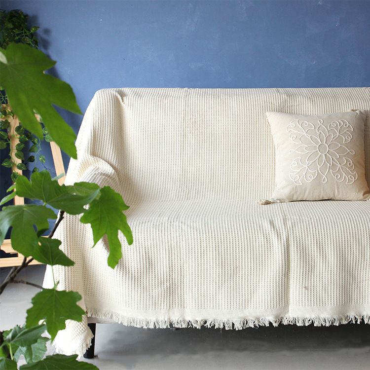 Chăn Thảm Phủ Ghế Sofa Đan Len Tua Rua Màu Trắng Tổ Ong