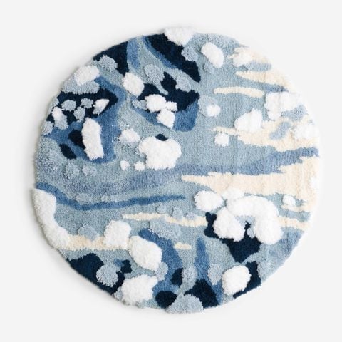 Thảm Tròn Lông Len Dệt Thủ Công Décor Hình Tròn Điểm Xanh Trắng