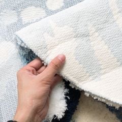 Thảm Tròn Lông Len Dệt Thủ Công Décor Hình Tròn Điểm Xanh Trắng