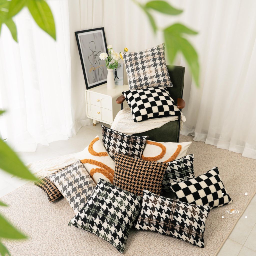 Gối Tựa Lưng Lông Len Dệt Họa Tiết Houndstooth