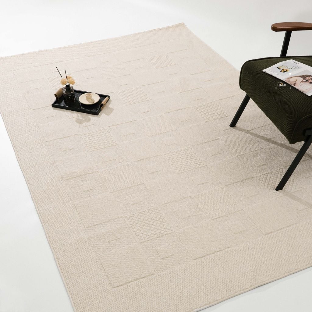 Thảm Trải Sàn Phong Cách Màu Trắng Bắc Âu Sợi Dệt Chống Thấm Caro Vuông