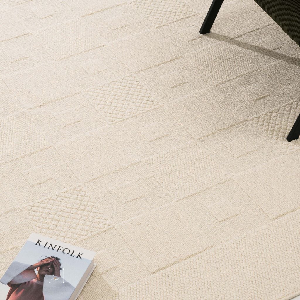 Thảm Trải Sàn Phong Cách Màu Trắng Bắc Âu Sợi Dệt Chống Thấm Caro Vuông