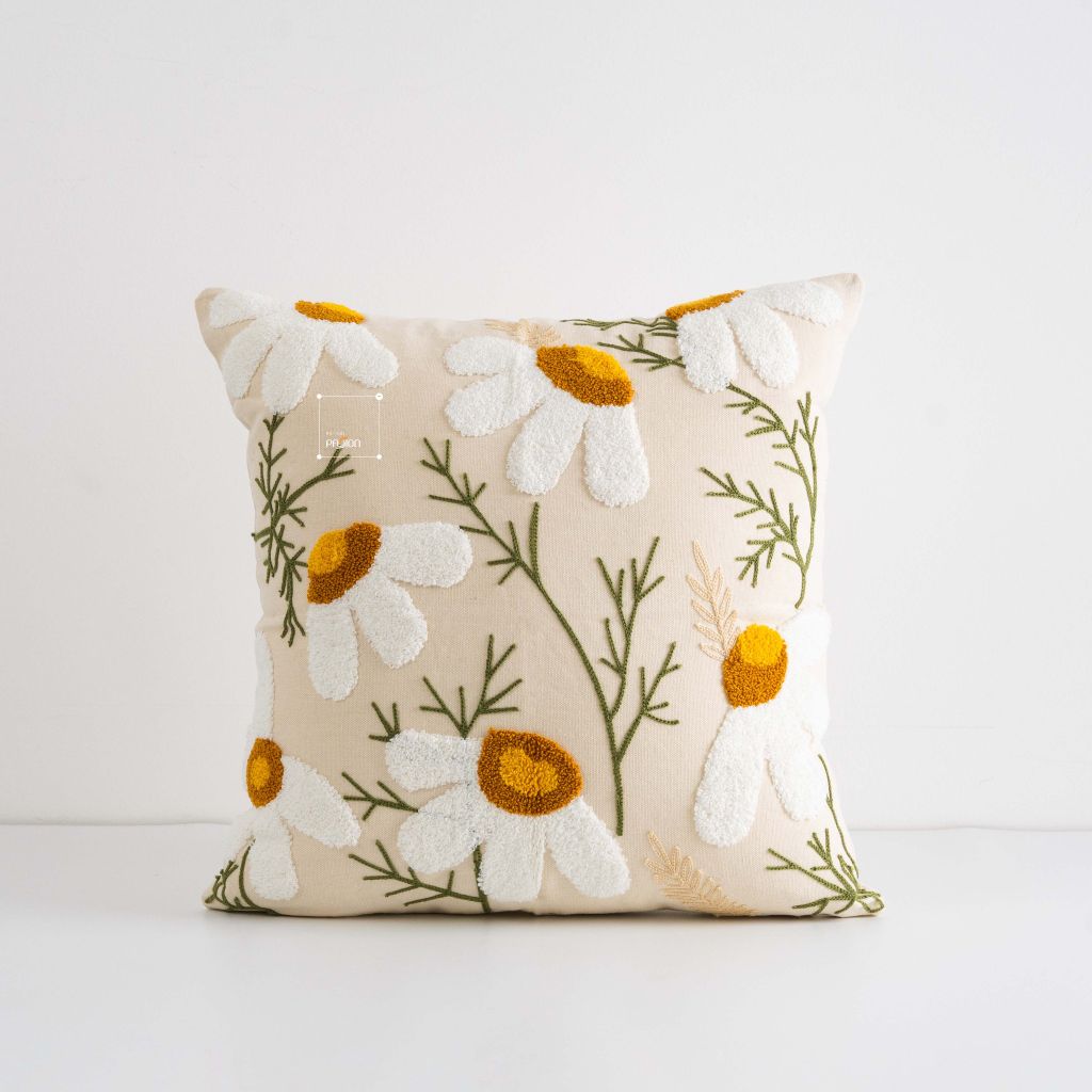 Vỏ Gối Tựa Lưng Sofa Vuông Thêu Hoa Cỏ Thiên Nhiên