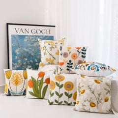 Vỏ Gối Tựa Lưng Sofa Vuông Thêu Hoa Cỏ Thiên Nhiên