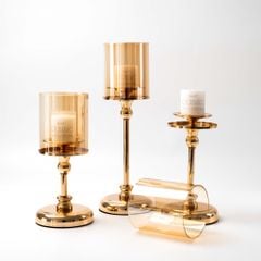 Bộ 3 Chân Nến Kèm Nến Trụ Lớn Màu Vàng Decor Bàn Ăn