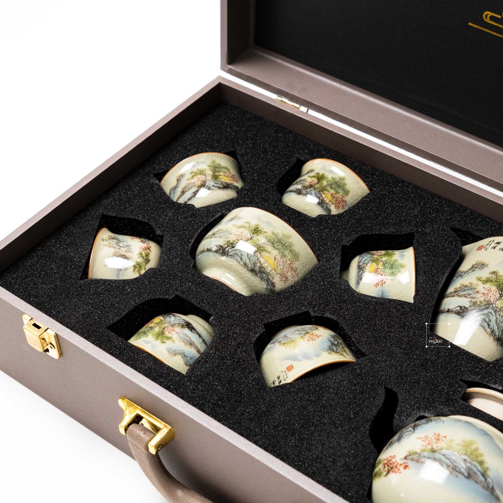Bộ Ấm Trà Gốm Mộc Hình Phong Cảnh Kungfu Set 11 Món