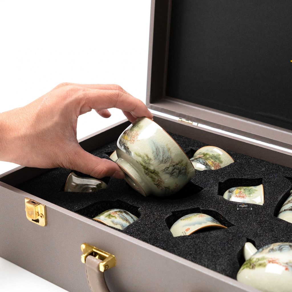 Bộ Ấm Trà Gốm Mộc Hình Phong Cảnh Kungfu Set 11 Món