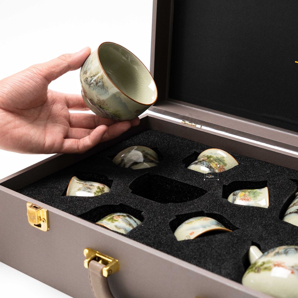 Bộ Ấm Trà Gốm Mộc Hình Phong Cảnh Kungfu Set 11 Món