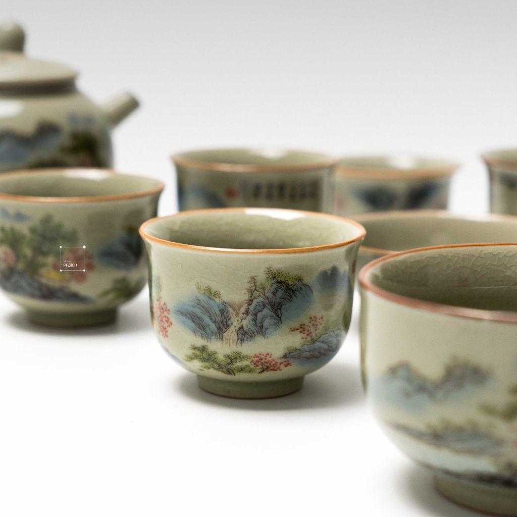 Bộ Ấm Trà Gốm Mộc Hình Phong Cảnh Kungfu Set 11 Món