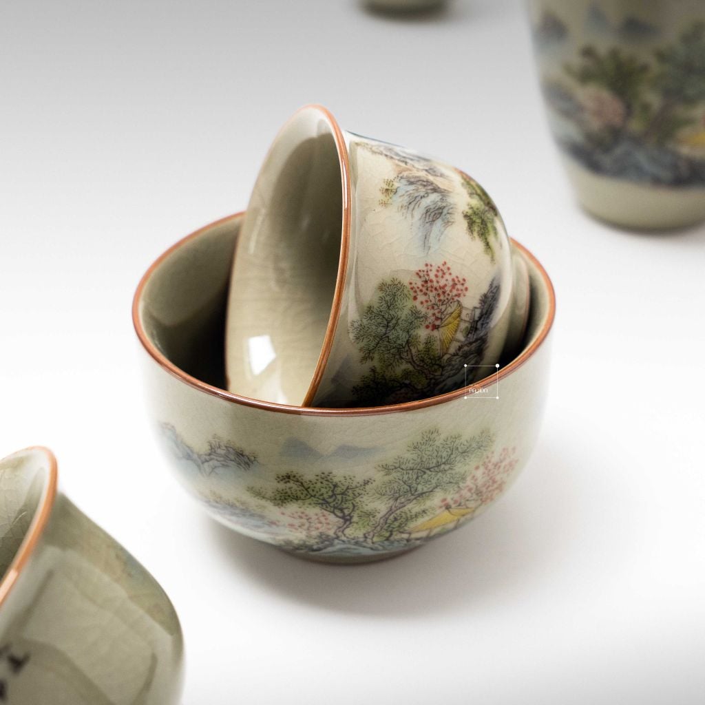 Bộ Ấm Trà Gốm Mộc Hình Phong Cảnh Kungfu Set 11 Món