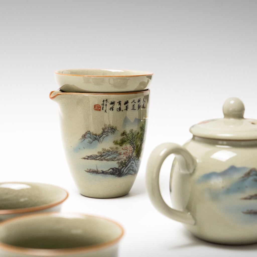 Bộ Ấm Trà Gốm Mộc Hình Phong Cảnh Kungfu Set 11 Món