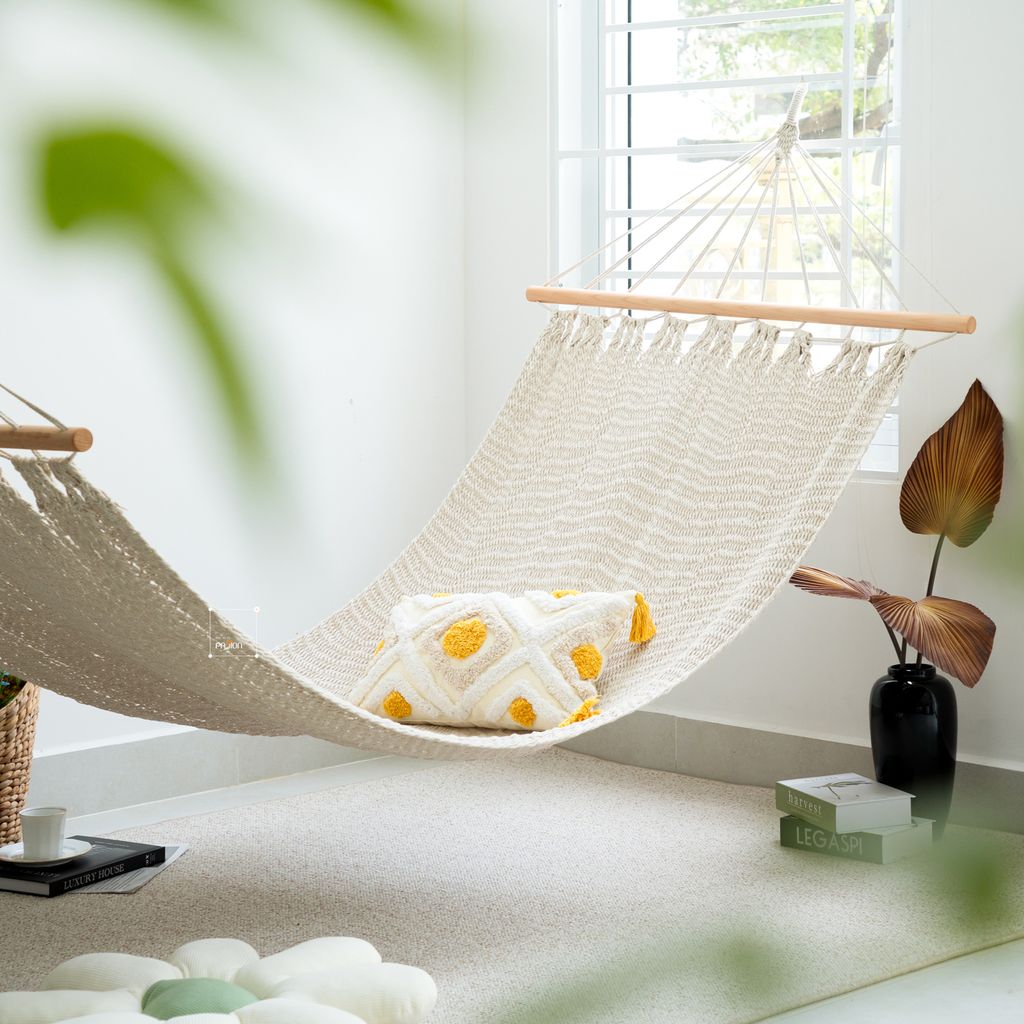 Võng Lưới Thanh Gỗ Tua Rua Boho Trang Trí Ngoài Trời Trang Trí Ngoài Biển 200x100cm
